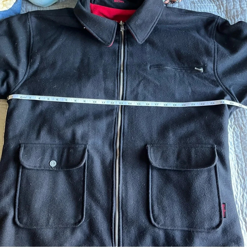 MARLBORO ~ Reversible Wool Men’s Red and Black Zip Jacket with Logo and Pockets - Picture 15 of 15